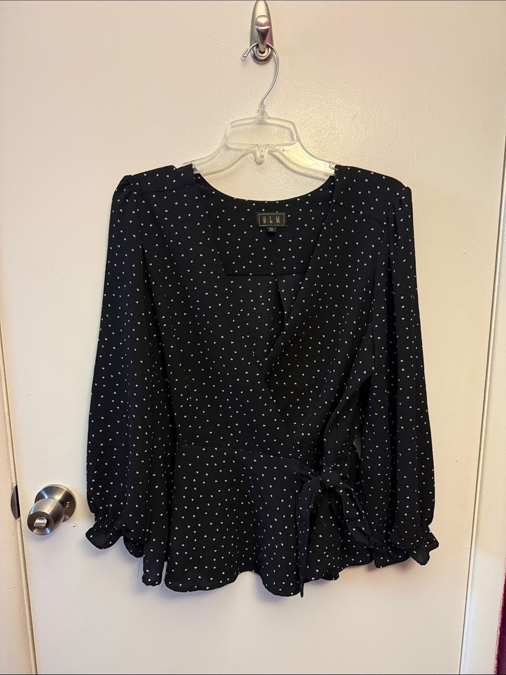 Women’s Black Polka Dot Wrap Blouse with Tie Waist